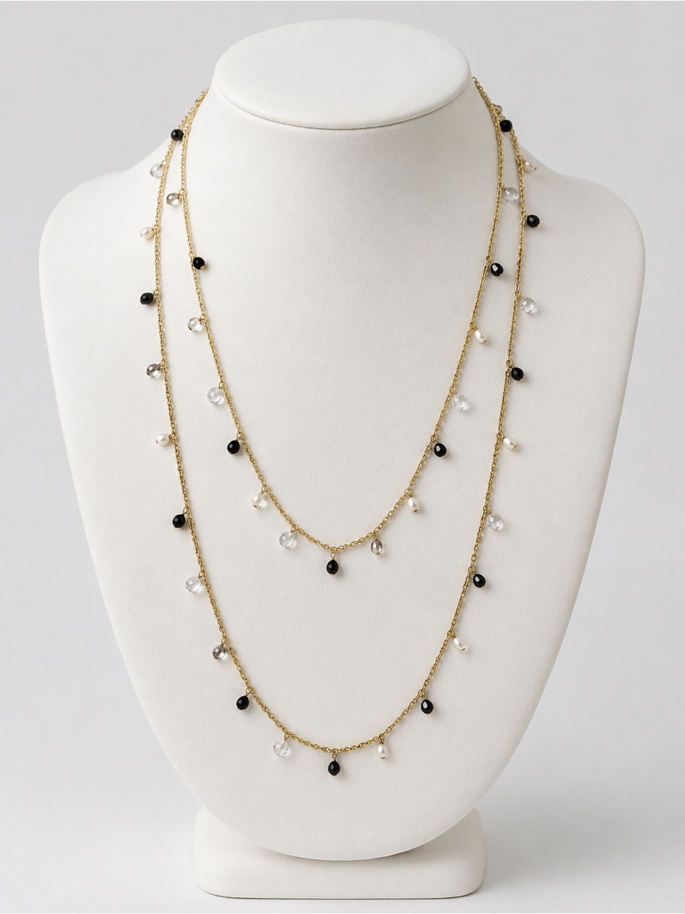 Vintage Dainty Gold Double Layered Station Necklace Black White Crystal Pearls